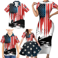 Custom Flag American Fishing Family Matching Short Sleeve Bodycon Dress and Hawaiian Shirt Fish Silhouette in Grunge Patriotic - Wonder Print Shop