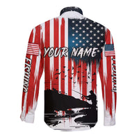 Custom Flag American Fishing Long Sleeve Button Shirt Fish Silhouette in Grunge Patriotic - Wonder Print Shop