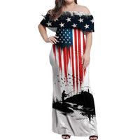 Custom Flag American Fishing Off Shoulder Maxi Dress Fish Silhouette in Grunge Patriotic - Wonder Print Shop