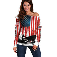 Custom Flag American Fishing Off Shoulder Sweater Fish Silhouette in Grunge Patriotic - Wonder Print Shop
