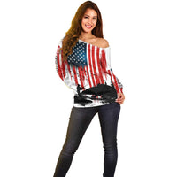 Custom Flag American Fishing Off Shoulder Sweater Fish Silhouette in Grunge Patriotic - Wonder Print Shop