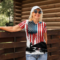 Custom Flag American Fishing Women Polo Shirt Fish Silhouette in Grunge Patriotic - Wonder Print Shop