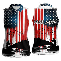 Custom Flag American Fishing Women Sleeveless Polo Shirt Fish Silhouette in Grunge Patriotic - Wonder Print Shop