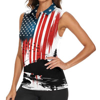 Custom Flag American Fishing Women Sleeveless Polo Shirt Fish Silhouette in Grunge Patriotic - Wonder Print Shop
