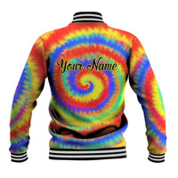Colorful Tie Dye Spiral Goft Baseball Jacket Custom Name in Retro Psychedelic Style Design - Wonder Print Shop