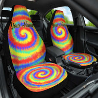 Colorful Tie Dye Spiral Goft Car Seat Cover Custom Name in Retro Psychedelic Style Design - Wonder Print Shop