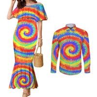 Colorful Tie Dye Spiral Goft Couples Matching Mermaid Dress and Long Sleeve Button Shirt Custom Name in Retro Psychedelic Style Design - Wonder Print Shop