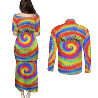 Colorful Tie Dye Spiral Goft Couples Matching Puletasi and Long Sleeve Button Shirt Custom Name in Retro Psychedelic Style Design - Wonder Print Shop