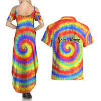Colorful Tie Dye Spiral Goft Couples Matching Summer Maxi Dress and Hawaiian Shirt Custom Name in Retro Psychedelic Style Design - Wonder Print Shop