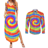 Colorful Tie Dye Spiral Goft Couples Matching Summer Maxi Dress and Long Sleeve Button Shirt Custom Name in Retro Psychedelic Style Design - Wonder Print Shop