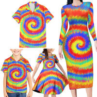 Colorful Tie Dye Spiral Goft Family Matching Long Sleeve Bodycon Dress and Hawaiian Shirt Custom Name in Retro Psychedelic Style Design - Wonder Print Shop
