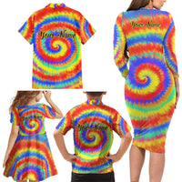 Colorful Tie Dye Spiral Goft Family Matching Long Sleeve Bodycon Dress and Hawaiian Shirt Custom Name in Retro Psychedelic Style Design - Wonder Print Shop