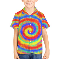 Colorful Tie Dye Spiral Goft Family Matching Long Sleeve Bodycon Dress and Hawaiian Shirt Custom Name in Retro Psychedelic Style Design - Wonder Print Shop