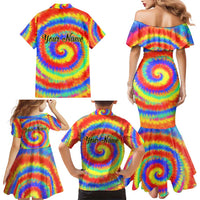 Colorful Tie Dye Spiral Goft Family Matching Mermaid Dress and Hawaiian Shirt Custom Name in Retro Psychedelic Style Design - Wonder Print Shop