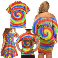 Colorful Tie Dye Spiral Goft Family Matching Off Shoulder Short Dress and Hawaiian Shirt Custom Name in Retro Psychedelic Style Design - Wonder Print Shop
