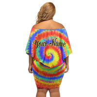 Colorful Tie Dye Spiral Goft Family Matching Off Shoulder Short Dress and Hawaiian Shirt Custom Name in Retro Psychedelic Style Design - Wonder Print Shop