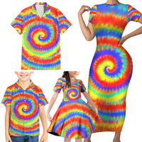 Colorful Tie Dye Spiral Goft Family Matching Short Sleeve Bodycon Dress and Hawaiian Shirt Custom Name in Retro Psychedelic Style Design - Wonder Print Shop