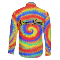 Colorful Tie Dye Spiral Goft Family Matching Short Sleeve Bodycon Dress and Hawaiian Shirt Custom Name in Retro Psychedelic Style Design - Wonder Print Shop