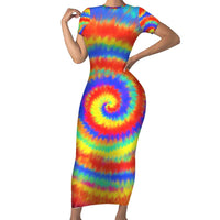 Colorful Tie Dye Spiral Goft Family Matching Short Sleeve Bodycon Dress and Hawaiian Shirt Custom Name in Retro Psychedelic Style Design - Wonder Print Shop