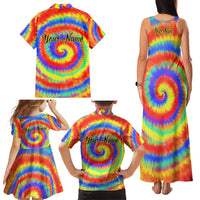 Colorful Tie Dye Spiral Goft Family Matching Tank Maxi Dress and Hawaiian Shirt Custom Name in Retro Psychedelic Style Design - Wonder Print Shop