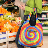 Colorful Tie Dye Spiral Goft Grocery Bag Custom Name in Retro Psychedelic Style Design - Wonder Print Shop