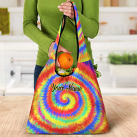 Colorful Tie Dye Spiral Goft Grocery Bag Custom Name in Retro Psychedelic Style Design - Wonder Print Shop