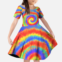 Colorful Tie Dye Spiral Goft Kid Short Sleeve Dress Custom Name in Retro Psychedelic Style Design - Wonder Print Shop