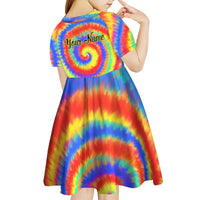 Colorful Tie Dye Spiral Goft Kid Short Sleeve Dress Custom Name in Retro Psychedelic Style Design - Wonder Print Shop