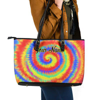 Colorful Tie Dye Spiral Goft Leather Tote Bag Custom Name in Retro Psychedelic Style Design - Wonder Print Shop