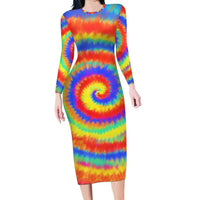 Colorful Tie Dye Spiral Goft Long Sleeve Bodycon Dress Custom Name in Retro Psychedelic Style Design - Wonder Print Shop