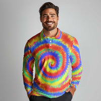 Colorful Tie Dye Spiral Goft Long Sleeve Polo Shirt Custom Name in Retro Psychedelic Style Design - Wonder Print Shop