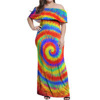 Colorful Tie Dye Spiral Goft Off Shoulder Maxi Dress Custom Name in Retro Psychedelic Style Design - Wonder Print Shop