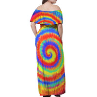 Colorful Tie Dye Spiral Goft Off Shoulder Maxi Dress Custom Name in Retro Psychedelic Style Design - Wonder Print Shop