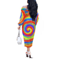 Colorful Tie Dye Spiral Goft Off The Shoulder Long Sleeve Dress Custom Name in Retro Psychedelic Style Design - Wonder Print Shop