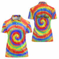 Colorful Tie Dye Spiral Goft Women Polo Shirt Custom Name in Retro Psychedelic Style Design - Wonder Print Shop