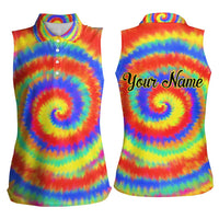 Colorful Tie Dye Spiral Goft Women Sleeveless Polo Shirt Custom Name in Retro Psychedelic Style Design - Wonder Print Shop