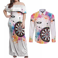 Custom Name Darts Couples Matching Off Shoulder Maxi Dress and Long Sleeve Button Shirt Funny Dartboards Colorful Paint Aim Shoot Swear Repeat - Wonder Print Shop