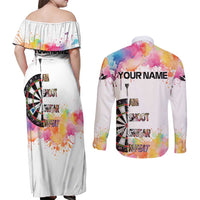 Custom Name Darts Couples Matching Off Shoulder Maxi Dress and Long Sleeve Button Shirt Funny Dartboards Colorful Paint Aim Shoot Swear Repeat - Wonder Print Shop