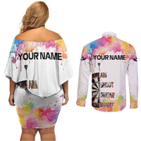 Custom Name Darts Couples Matching Off Shoulder Short Dress and Long Sleeve Button Shirt Funny Dartboards Colorful Paint Aim Shoot Swear Repeat - Wonder Print Shop