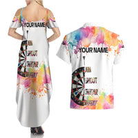 Custom Name Darts Couples Matching Summer Maxi Dress and Hawaiian Shirt Funny Dartboards Colorful Paint Aim Shoot Swear Repeat - Wonder Print Shop