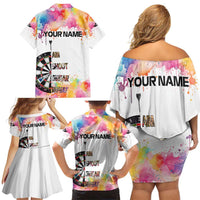 Custom Name Darts Family Matching Off Shoulder Short Dress and Hawaiian Shirt Funny Dartboards Colorful Paint Aim Shoot Swear Repeat - Wonder Print Shop