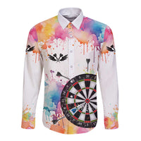 Custom Name Darts Long Sleeve Button Shirt Funny Dartboards Colorful Paint Aim Shoot Swear Repeat - Wonder Print Shop