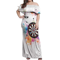 Custom Name Darts Off Shoulder Maxi Dress Funny Dartboards Colorful Paint Aim Shoot Swear Repeat - Wonder Print Shop