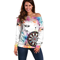 Custom Name Darts Off Shoulder Sweater Funny Dartboards Colorful Paint Aim Shoot Swear Repeat - Wonder Print Shop