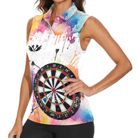 Custom Name Darts Women Sleeveless Polo Shirt Funny Dartboards Colorful Paint Aim Shoot Swear Repeat - Wonder Print Shop