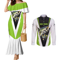 Personalized Custom Bass Fishing Couples Matching Mermaid Dress and Long Sleeve Button Shirt Jumping Fish Graphic and Green Black Honeycomb - Wonder Print Shop