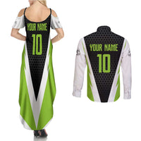 Personalized Custom Bass Fishing Couples Matching Summer Maxi Dress and Long Sleeve Button Shirt Jumping Fish Graphic and Green Black Honeycomb - Wonder Print Shop