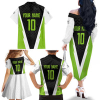 Personalized Custom Bass Fishing Family Matching Off The Shoulder Long Sleeve Dress and Hawaiian Shirt Jumping Fish Graphic and Green Black Honeycomb - Wonder Print Shop