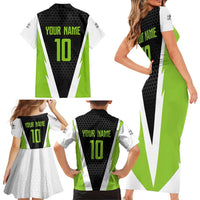 Personalized Custom Bass Fishing Family Matching Short Sleeve Bodycon Dress and Hawaiian Shirt Jumping Fish Graphic and Green Black Honeycomb - Wonder Print Shop