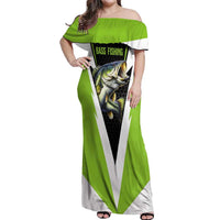 Personalized Custom Bass Fishing Off Shoulder Maxi Dress Jumping Fish Graphic and Green Black Honeycomb - Wonder Print Shop